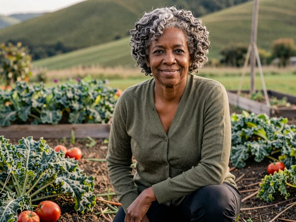 Senior rural woman tending a memorial garden of roses and herbs