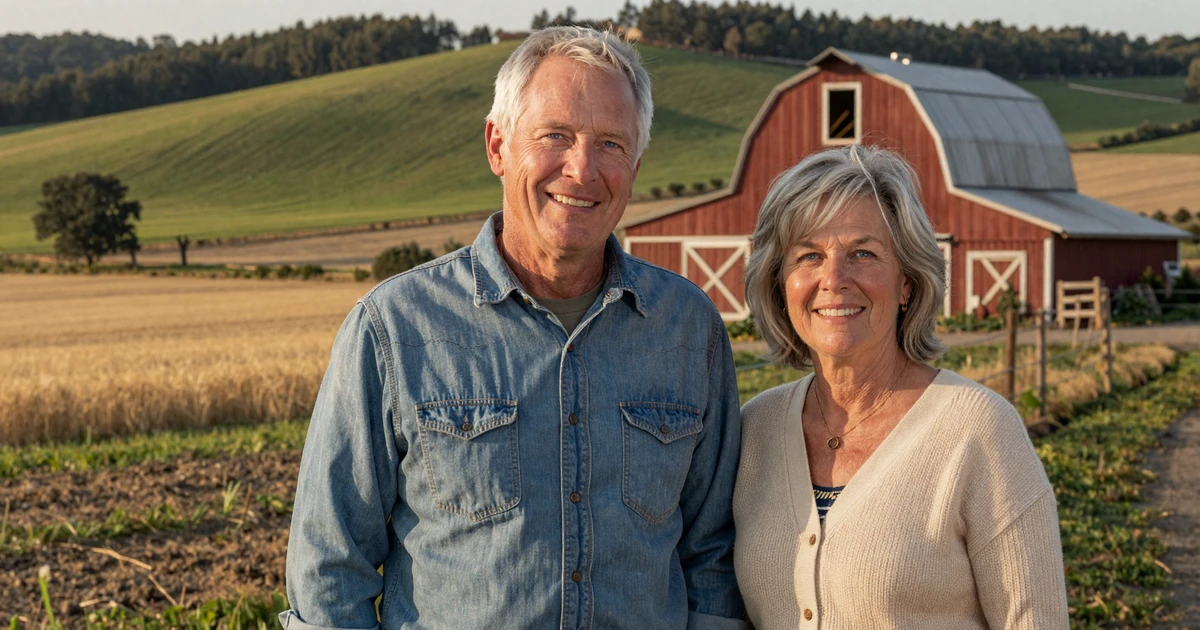 Mature Iowa farm couple walking through a golden cornfield at sunset for Iowa farmers dating