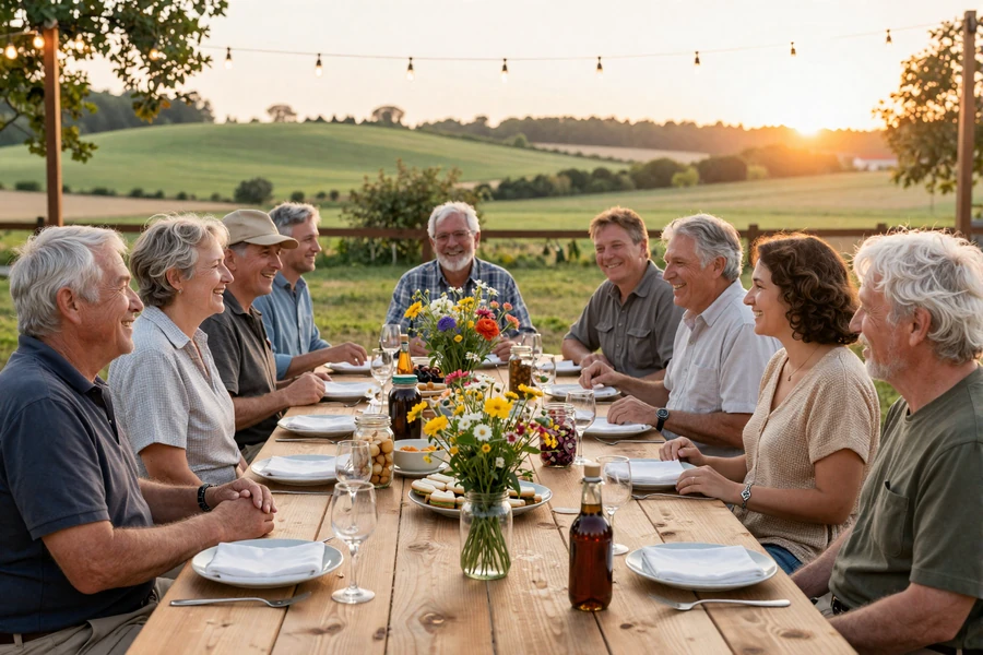 Diverse mature rural Americans sharing community supper - trust and safety in rural dating