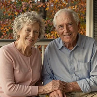 Ginny (80) and Harry (87) holding hands on their Pennsylvania porch